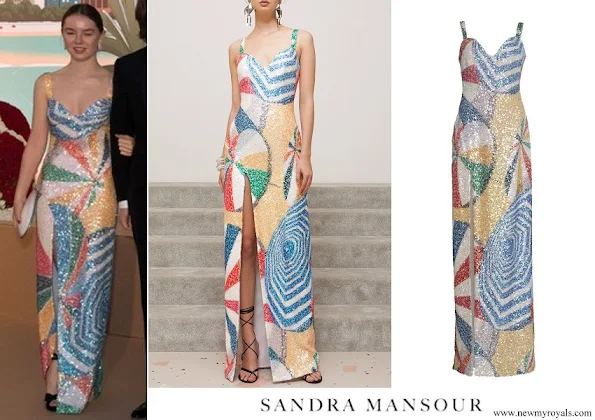 Princess Alexandra wore Sandra Mansour Parasol Brilliant Printed Sequin Dress