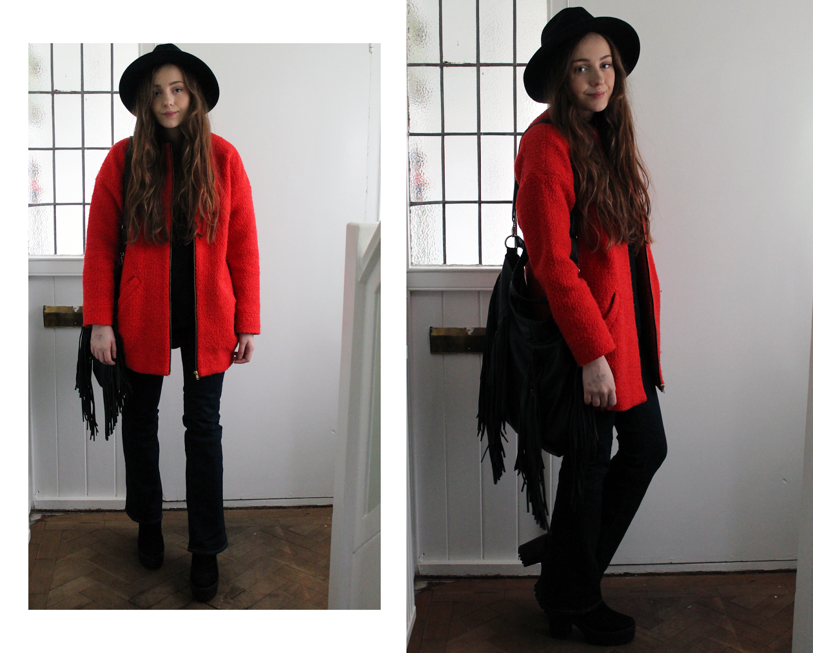 outfit featuring primark black fedora, dark orange cocoon coat, printed shirt, suedette dress (faux suede), flares, fringed bag and over the knee suede boots