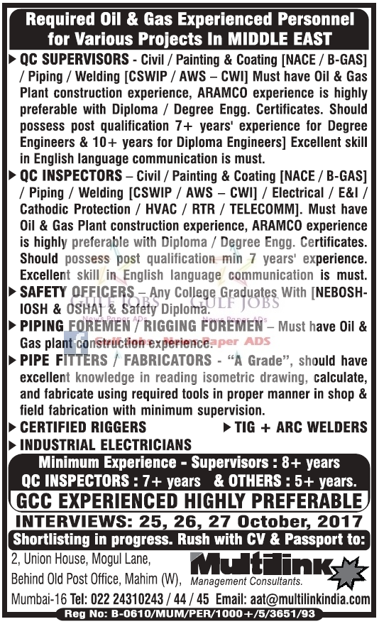 Oil & Gas Various projects Jobs for Middle East Gulf Jobs for Malayalees