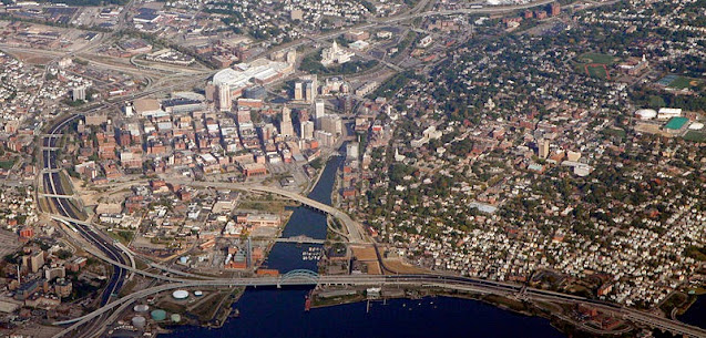 Aerial photo of Providence, Rhode island, showing office buildings and highways