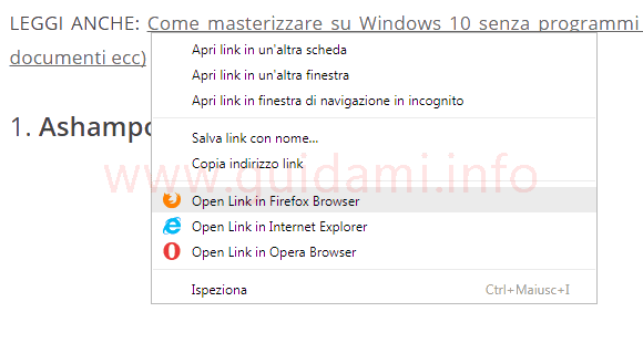 Chrome menu contestuale link con opzioni Open in estensioni
