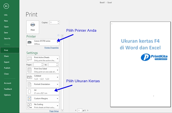 Cara Setting Ukuran Kertas F4 Folio di Ms Word dan Excel