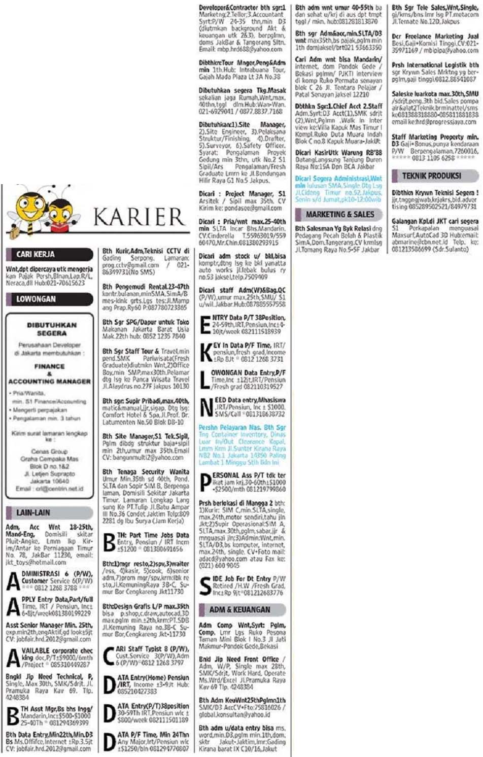 Iklan Lowongan kerja koran Kompas Senin selasa rabu kamis 11 sampai 15