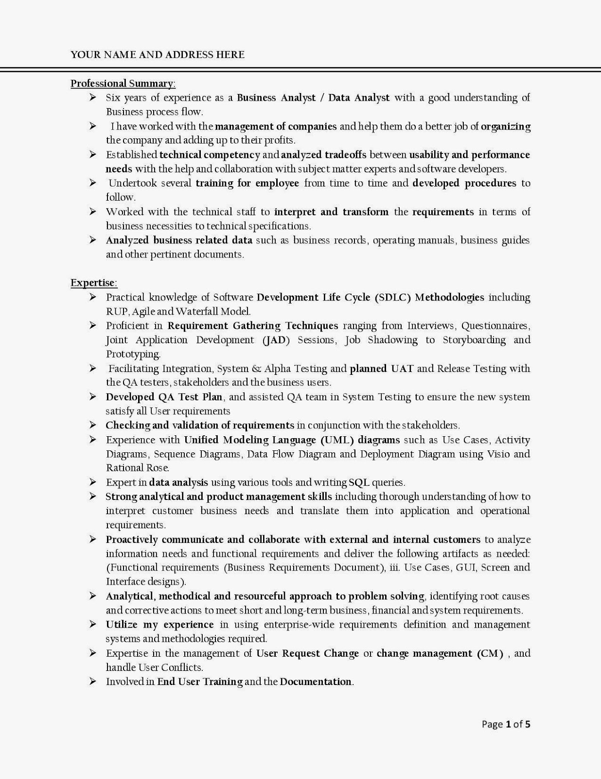 Functional resume example business analyst
