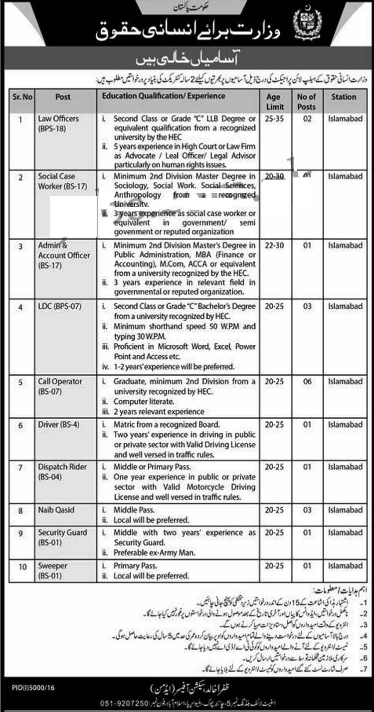 Ministry of Human Rights Jobs 2017 in Islamabad - ShakirJobs.Com