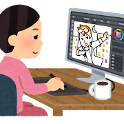 パソコンで絵を描くイラストレーターのイラスト（女性）