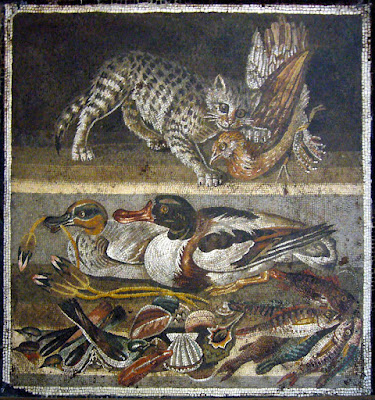 Roman mosaic representing a cat with a partridge in her mouth above ducks (on the left a male Eurasian Teal, on the right a Common Shelduck), birds, fish and shellfish.