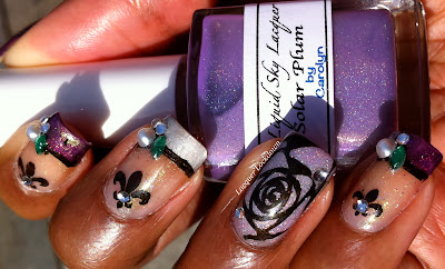 Lacquer Lockdown - Fleur de Lis, roses, Messy Mansion, MM06, MM20, stamping, nail art, konad, bundle monster, Liquid Sky Lacquer, Liquid Sky Lacquer Solar Plum, UV polish, indie polish, PolishedbyKPT, PolishedbyKPT Green Awakening, french tips, french tip nail art, Orly Satin Hues, Orly Satin Hues Satin Joy, Orly Satin Hues Satin Reflection, rhinestones, pearls, embellished nail art, holographic polish, holographic, plates I love feature, new plates 2013, indie stamping plate makers, indie image plate makers, indie nail art, new image plates 2013, nail art, cute nails, easy nail art, french tip nail art, Orly, pretty nails