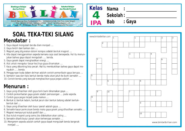 Soal TekaTeki Silang ( TTS ) IPA Kelas 4 SD Bab 7 Gaya