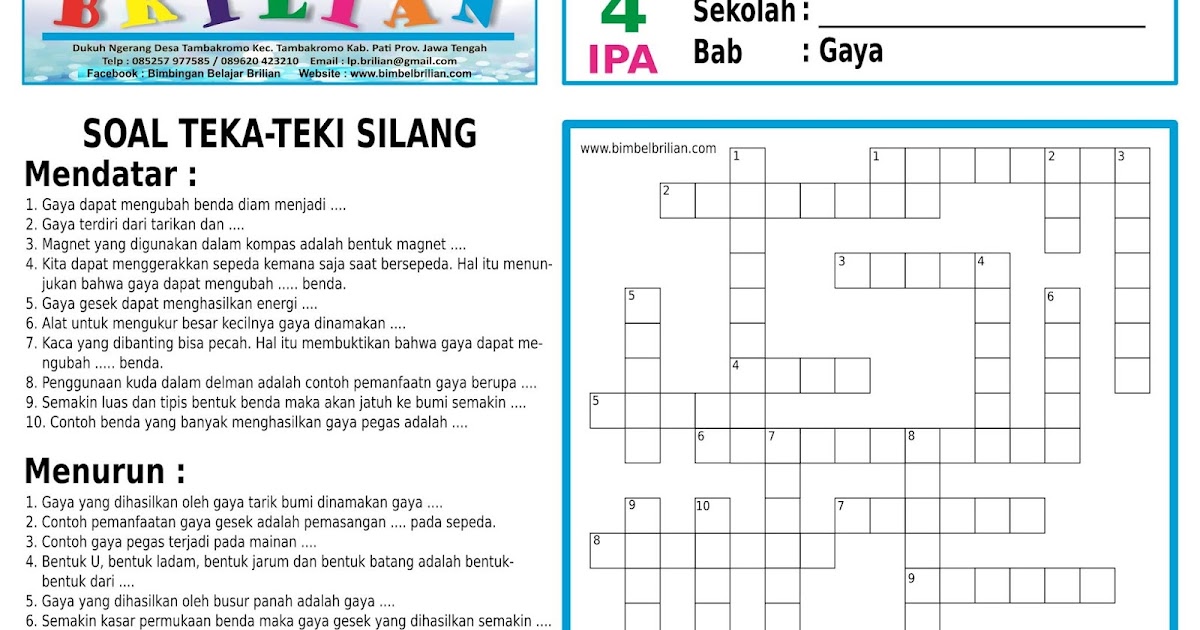 Soal Teka Teki Silang Tts Ipa Kelas 4 Sd Penggalan 7 Gaya Edukasi Pembbelajaran