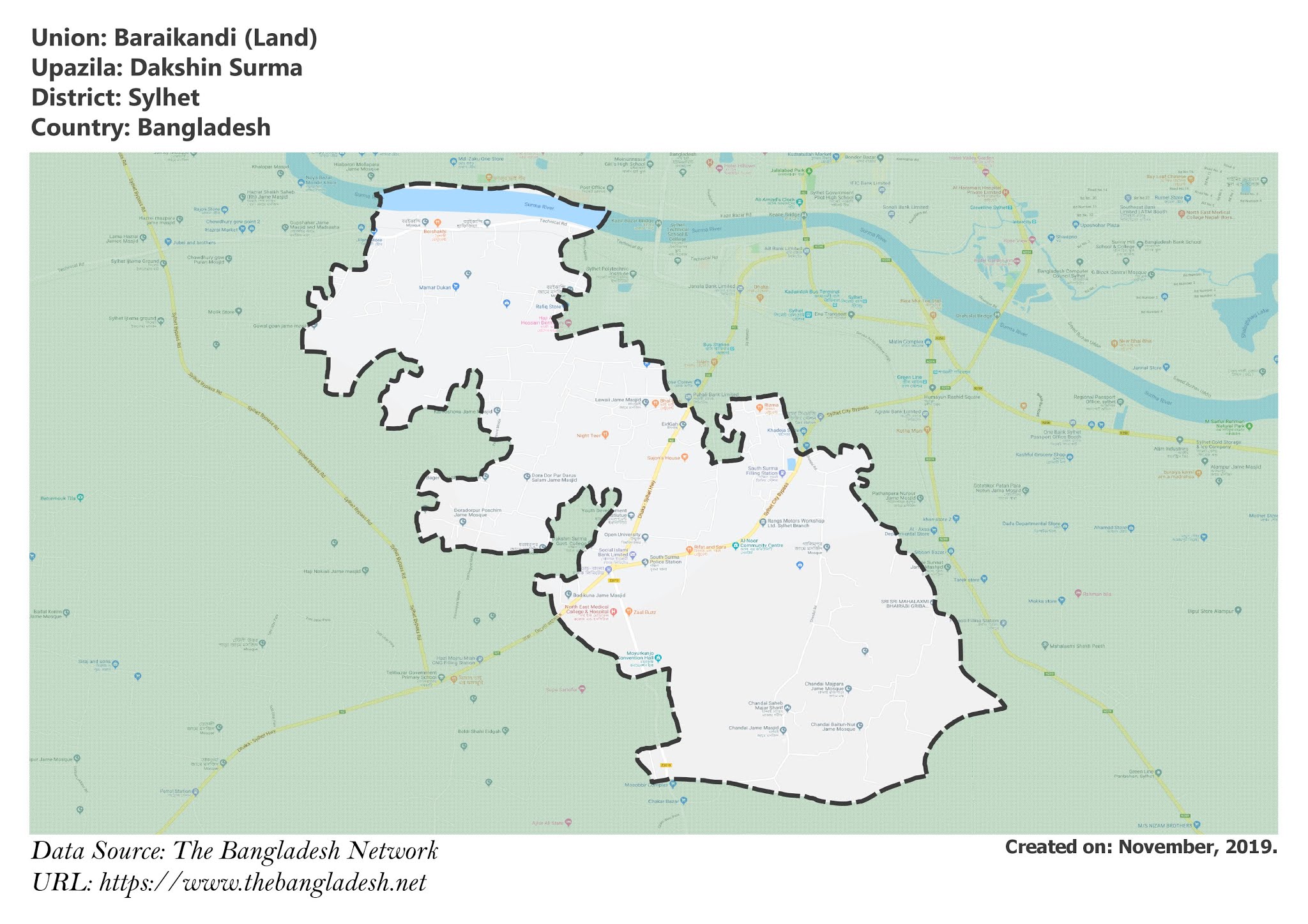 Map of Baraikandi of Sylhet, Bangladesh.