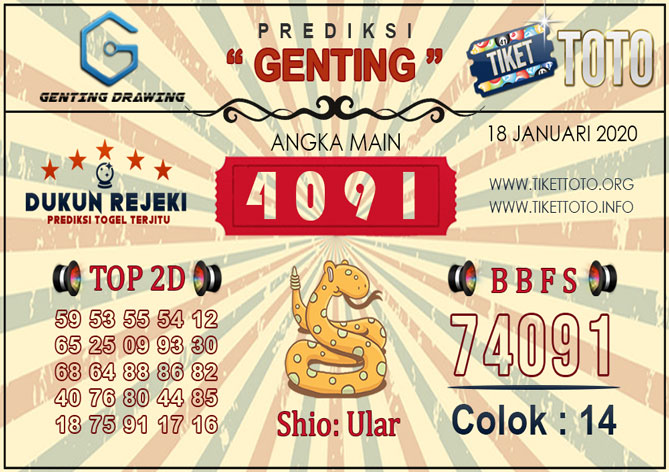 Prediksi Togel GENTING DRAWING TIKETTOTO 18 JANUARI 2020