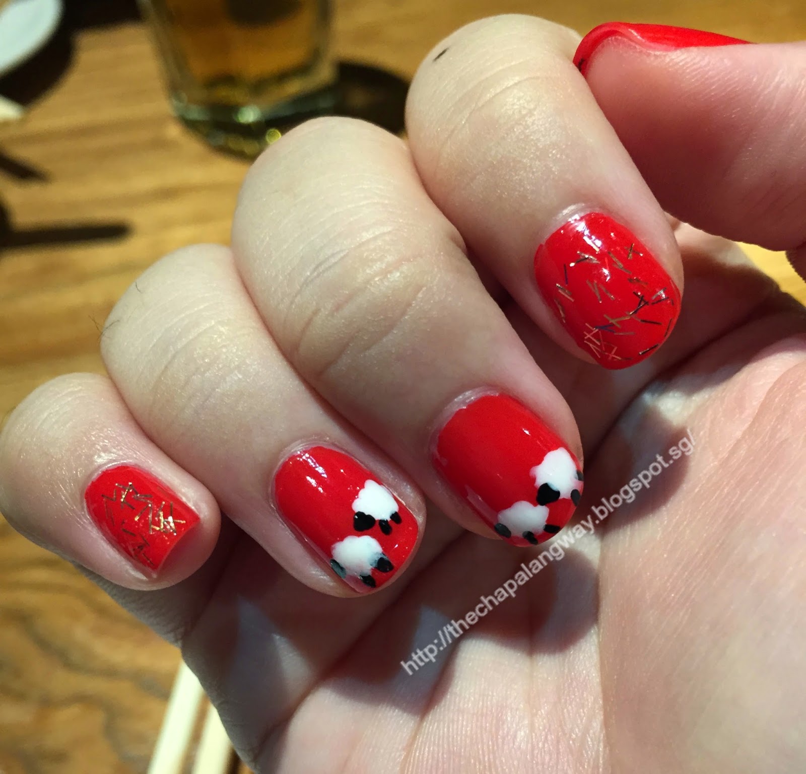 sheep design nails,red, sally hansen red snapper,simple nail design, cute nails