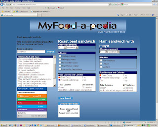 screenshot comparing nutrition information of roast beef sandwich and ham sandwich with mayo on MyFoodaPedia website