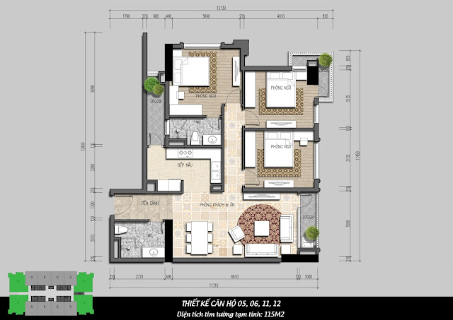 Thiết kế căn hộ 05, 06, 11, 12 diện tích 115m2 Thiết kế căn hộ 05, 06, 11, 12 diện tích 115m2