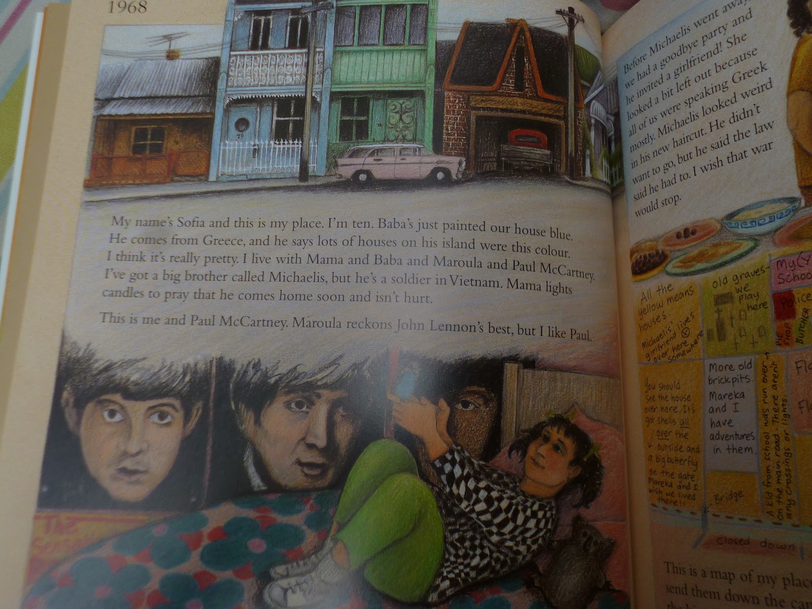 On the stripey couch on a