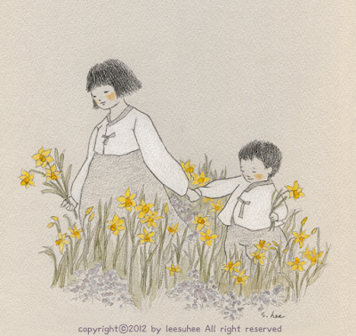Dibujo de Lee Su Hee: Madre e hijo cogiendo flores en el campo