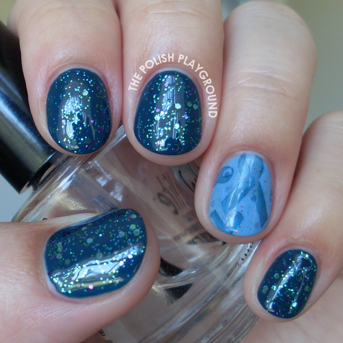 Glittery Teal with Ribbon Stamping Accent Nail Art for Ovarian Cancer Awareness
