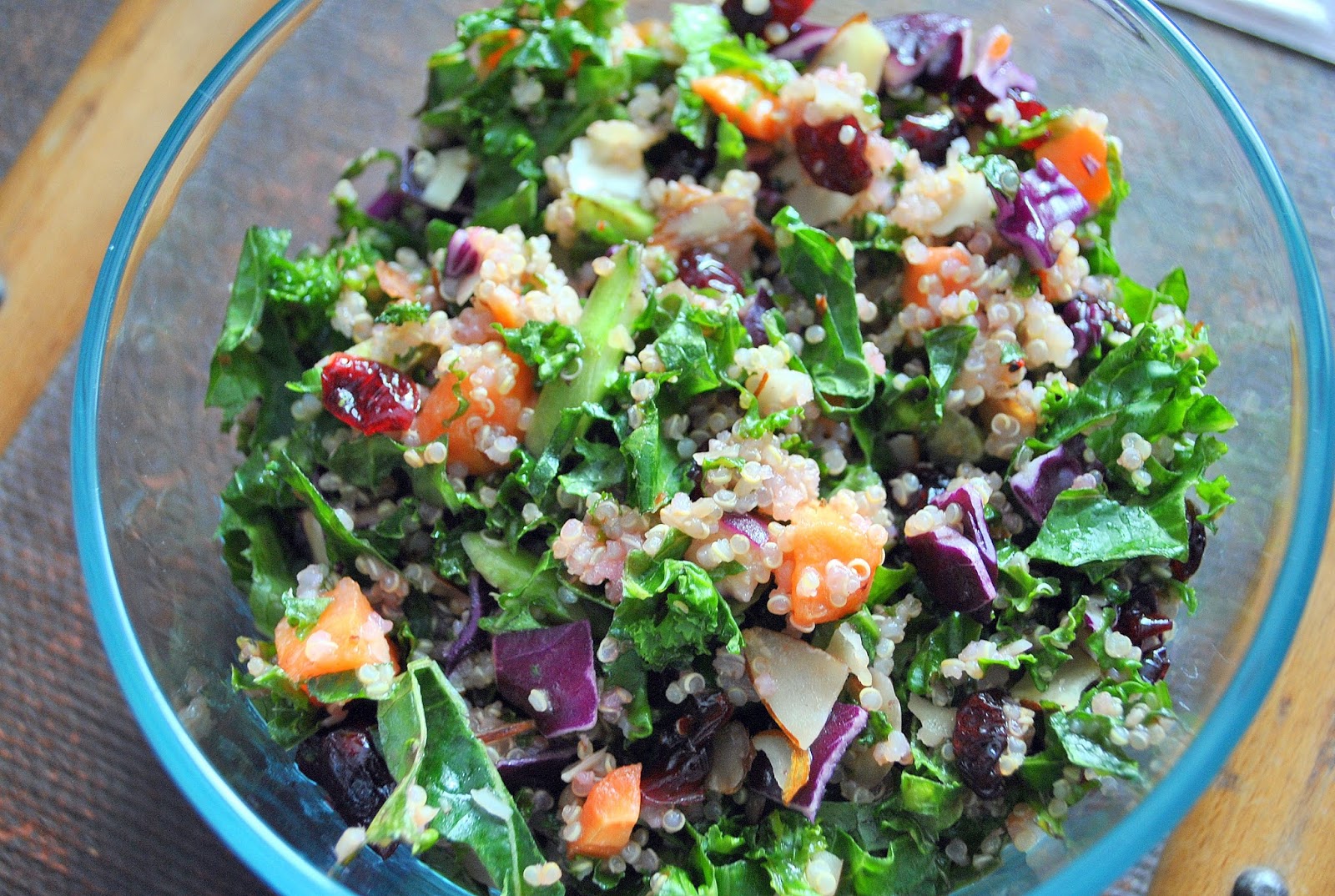 Quinoa & Kale Salad with Red Cabbage, Carrot, Cranberries & Almonds