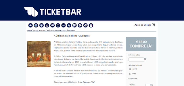 Ticketbar para ingressos para o tour com áudio guia para a Última Ceia