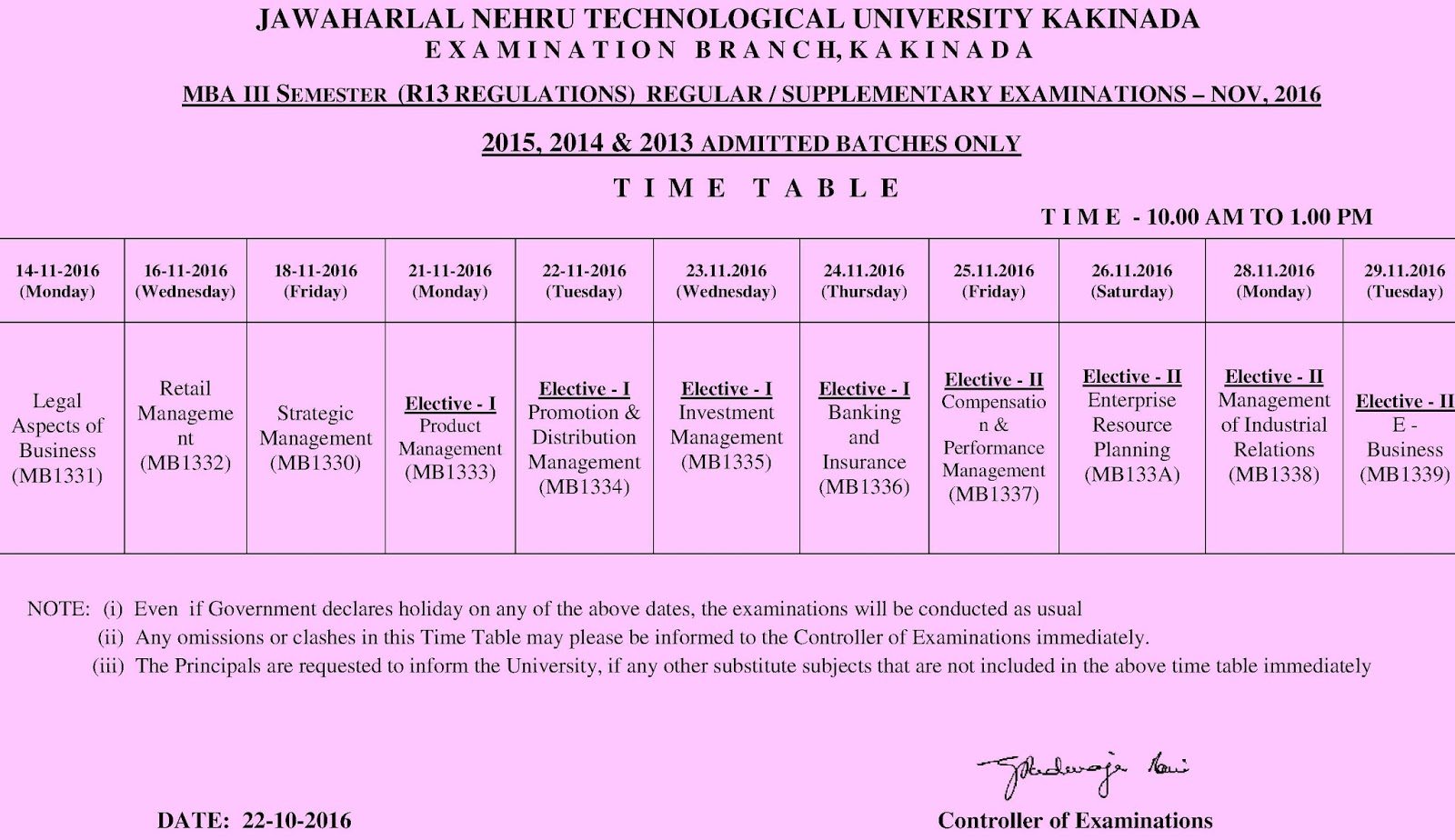 MBA JNTUK 3rd SEM EXAM TIME TABLE