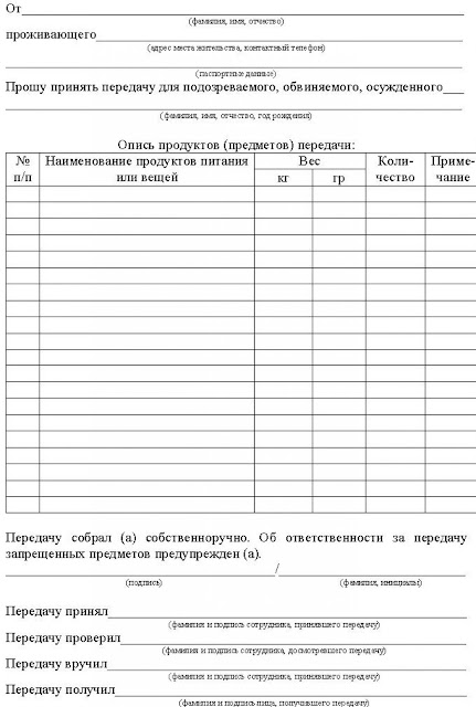 Образец (бланк) заявления на передачу продуктов (вещей) в СИЗО Москвы