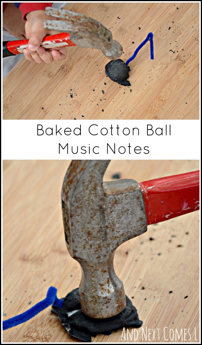 Baked cotton ball music notes: fine motor play for kids using real tools from And Next Comes L