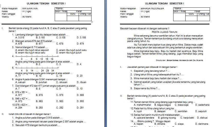 Kumpulan Soal UTS Semester 1 SD/MI Kelas III Lengkap Semua