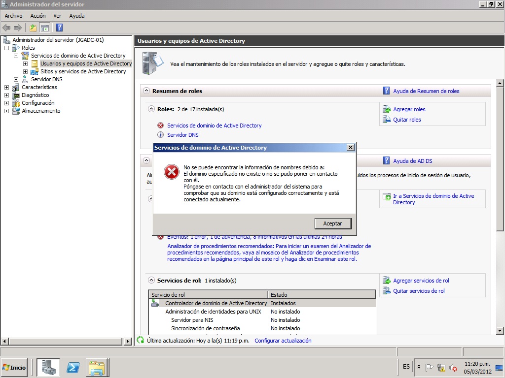 Error 1355 El dominio especificado no existe o no se pudo poner en