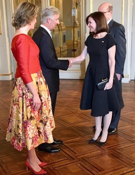 Queen Mathilde wore Natan floral print skirt, Natan pink blouse, gianvito rossi pumps, gold diamond earrings