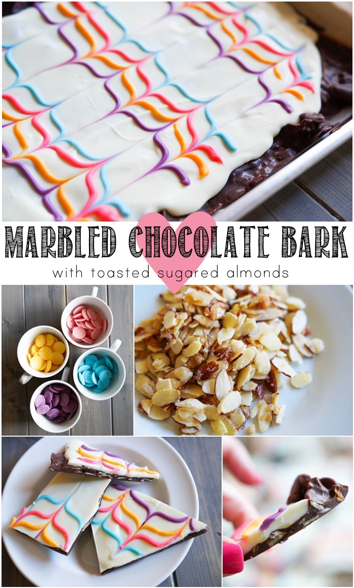 Marbled Chocolate Bark...for Easter or any occasion. The best bark ever, made with toasted, sugared almonds! | from bakeat350.net