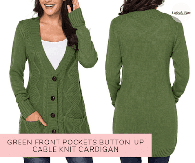 Green Front Pockets Button-Up Cable Knit Cardigan - Lookbook Store