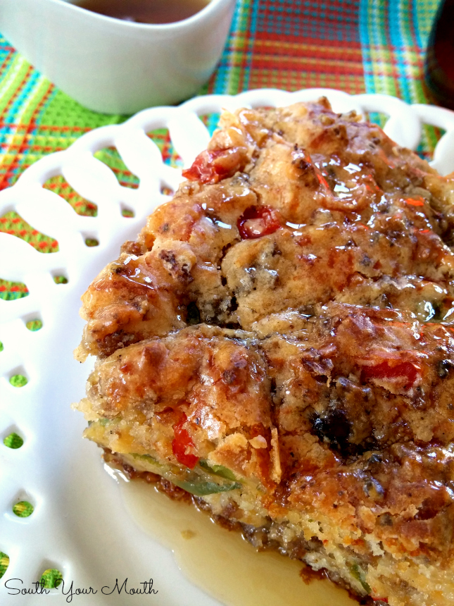 Breakfast Cake | The ORIGINAL Southern savory breakfast cake loaded with sausage, onions and peppers then served with hot maple syrup. #southern #breakfast #cake #original #maple #syrup #breakfastcake #bisquick 