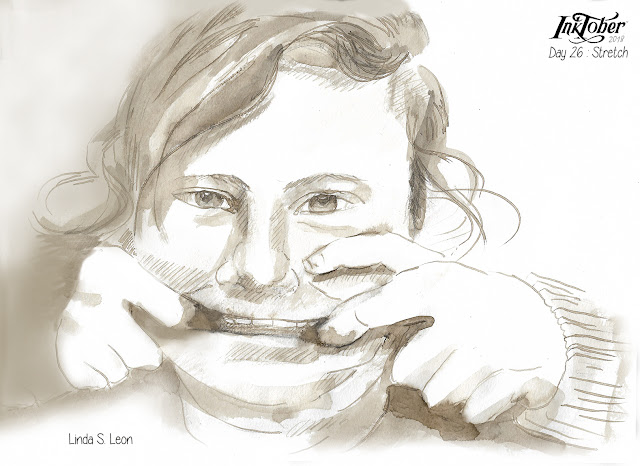 Inktober 2018 dag 26 - STRETCH door Linda S. Leon geïnspireerd op "Youth making a face" van Adriaan Brouwer.