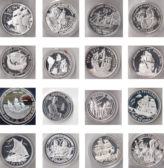 Коллекция серебряных монет. Парусники.