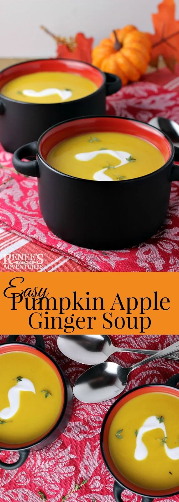 Easy Pumpkin Apple Ginger Soup | Renee's Kitchen Adventures - Easy healthy savory and sweet soup recipe perfect to serve at your holiday meal as an appetizer or for a light lunch #GiantEaglePerks #ad #soup #souprecipe #easyrecipeforsoup #easysouprecipe #pumpkinsoup #squashsoup #Thanksgiving