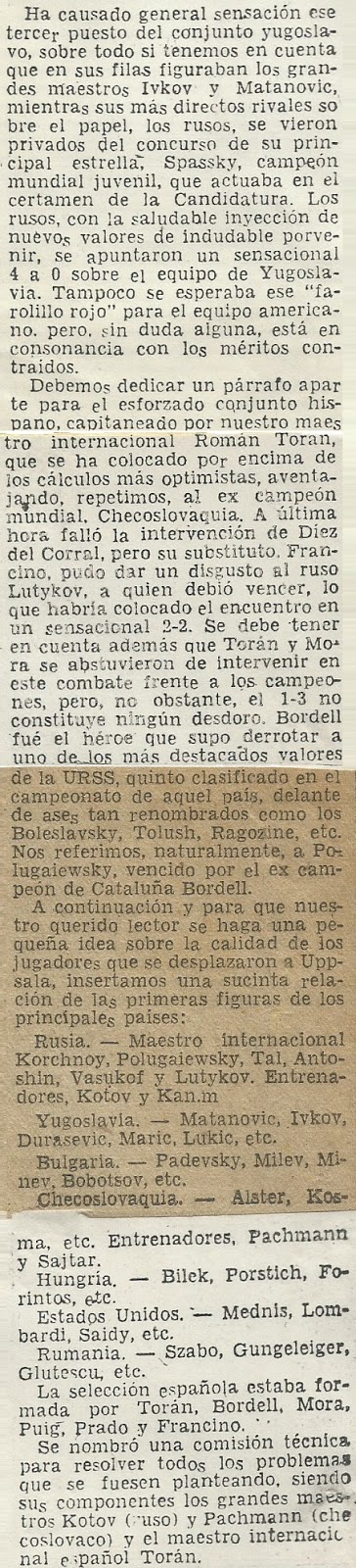 Recorte de prensa sobre el III Campeonato Mundial Universitario de Ajedrez - Uppsala 1956