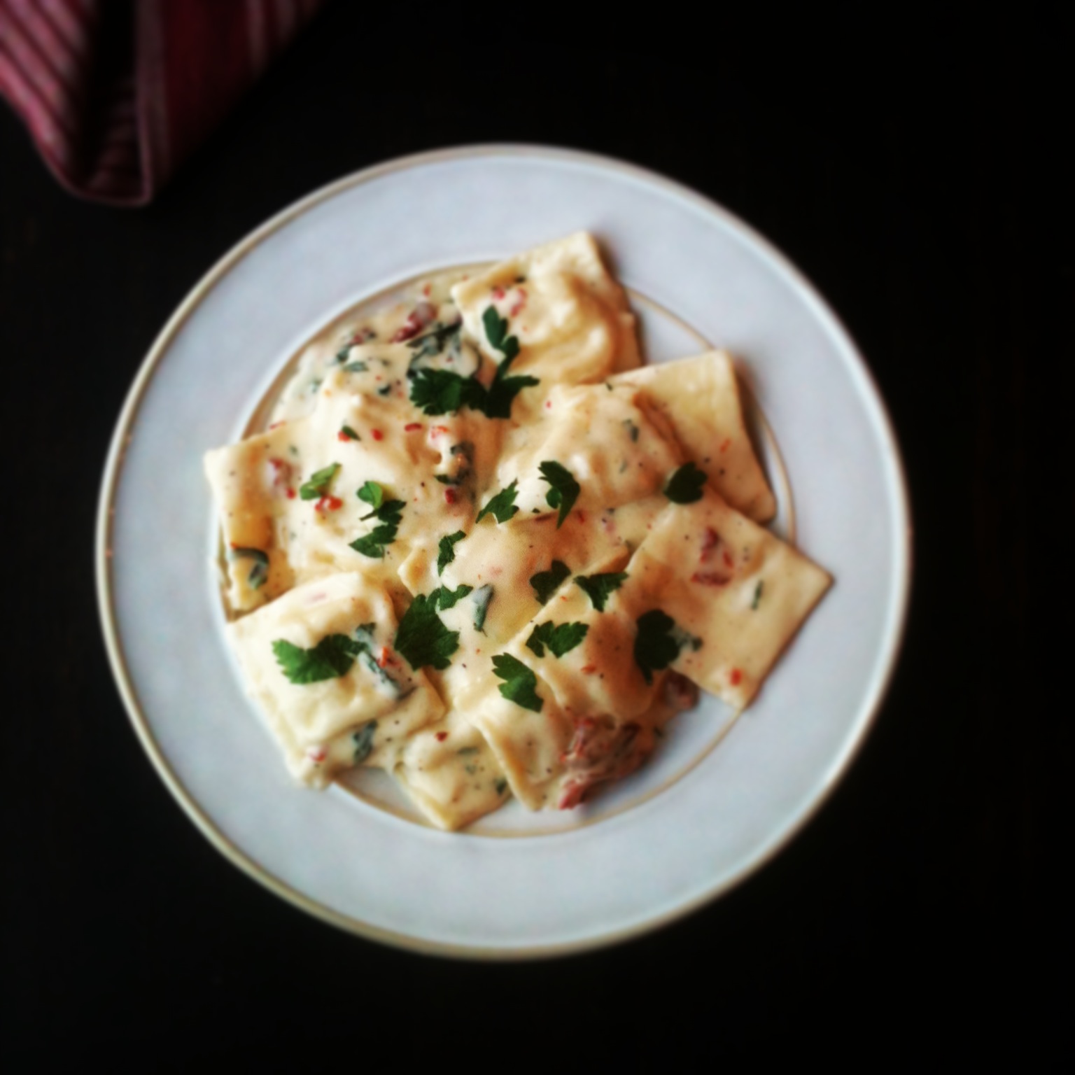 Butter & Chocolate Cheese Ravioli with Sun Dried Tomato Cream Sauce