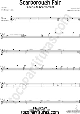  Partitura la feria de scarborough de  Flauta Travesera, flauta dulce y flauta de pico Sheet Music for Flute and Recorder Music Scores Scarborouh Fair