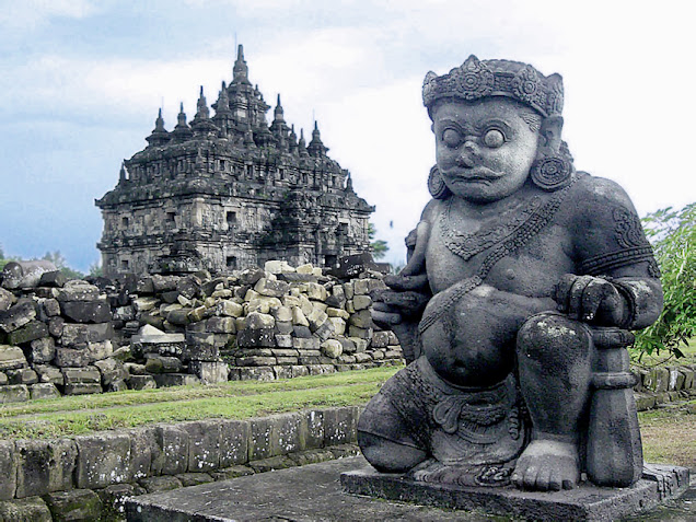 One of a pair of Dvarapalas or door-guardians guarding the Sewu Temple, Java