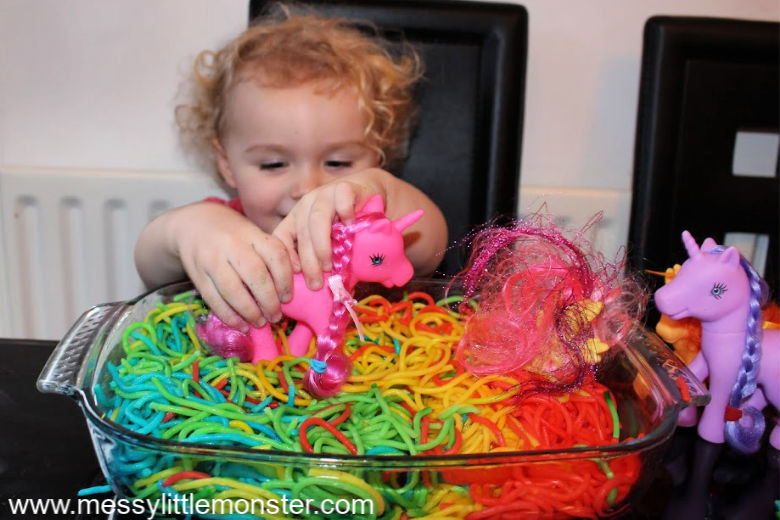 rainbow spaghetti sensory play