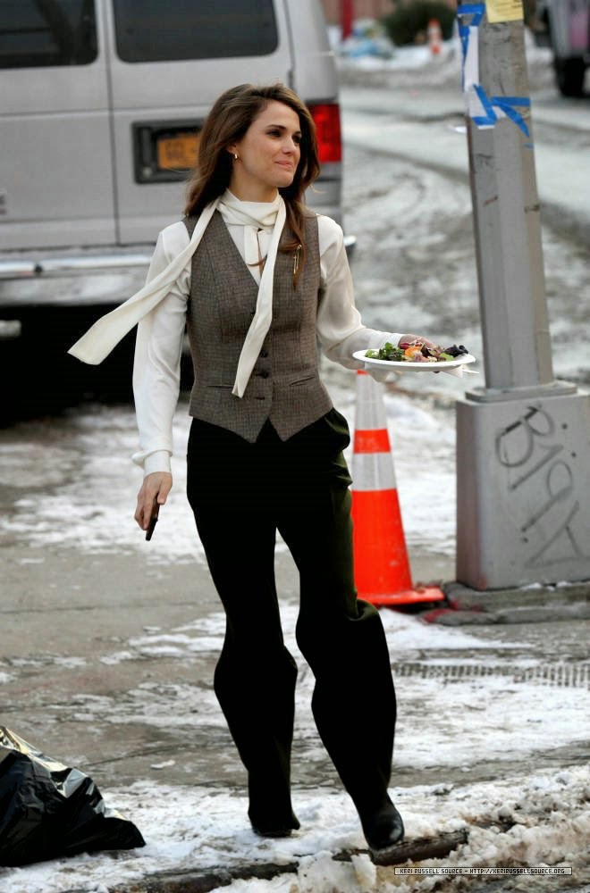 Ladies in Satin Blouses Keri Russell white blouse under vest