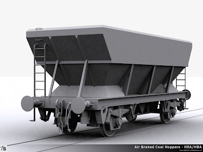 Fastline Simulation - HBA Hopper: Progress render of the HBA Hopper for RailWorks Train Simulator 2012. The wagon represents one of the considerably more numerous variants of the wagons in as built condition with an offset access ladder and two footsteps with long link suspension.