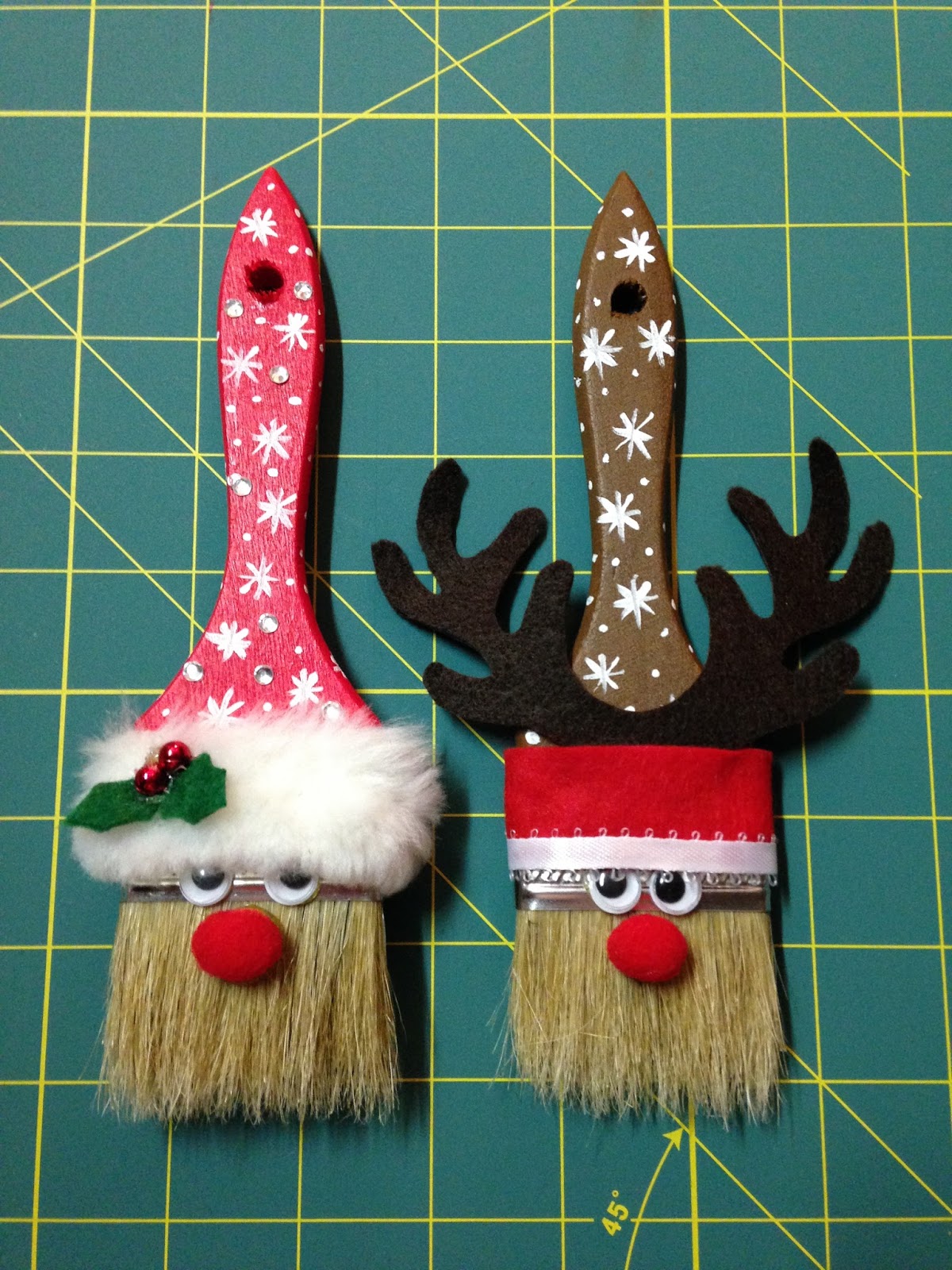 In The Garden with Claire: Santa and Rudy Painted Paintbrush Ornaments