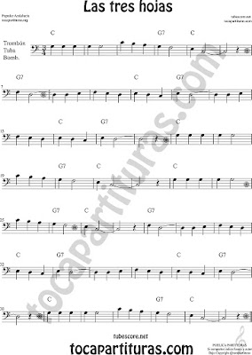  Trombón, Tuba Elicón y Bombardino Partitura de Las Tres Hojas Sheet Music for Trombone, Tube, Euphonium Music Scores (tuba en 8ª baja)