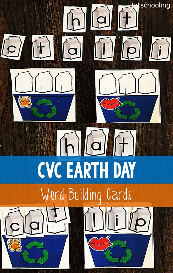 FREE CVC word building activity for kindergarten with an Earth Day theme. Build the short vowel CVC words while placing milk cartons in the recycling bins. Great literacy activity for Earth Day!