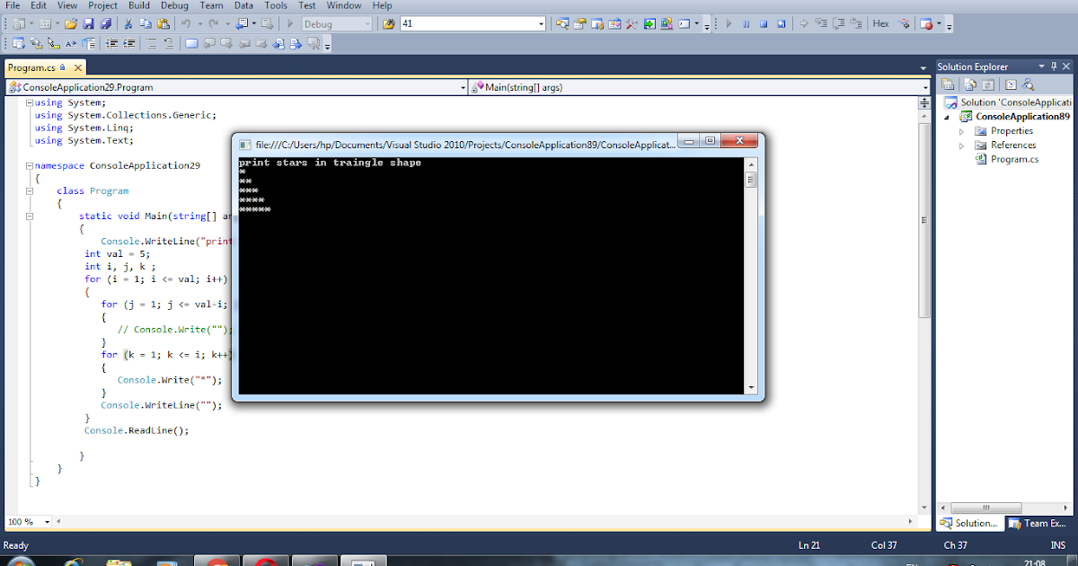 all dotnet programs: stars print in traingle shape in c# using for loop