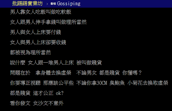 版上看法一面倒，聲稱女沙文主義戕害台灣男性。