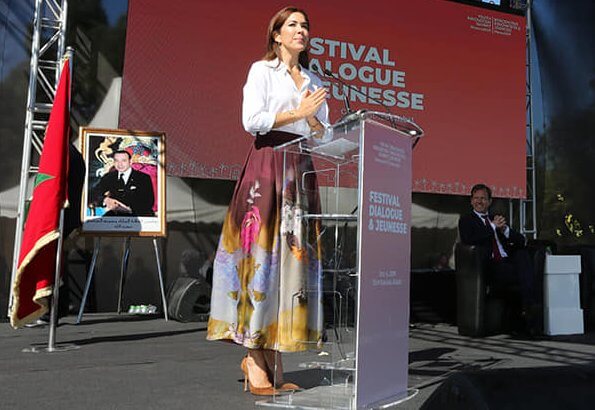 Crown Princess Mary wore a new floral print skirt and, white blouse and Gianvito Rossi pumps