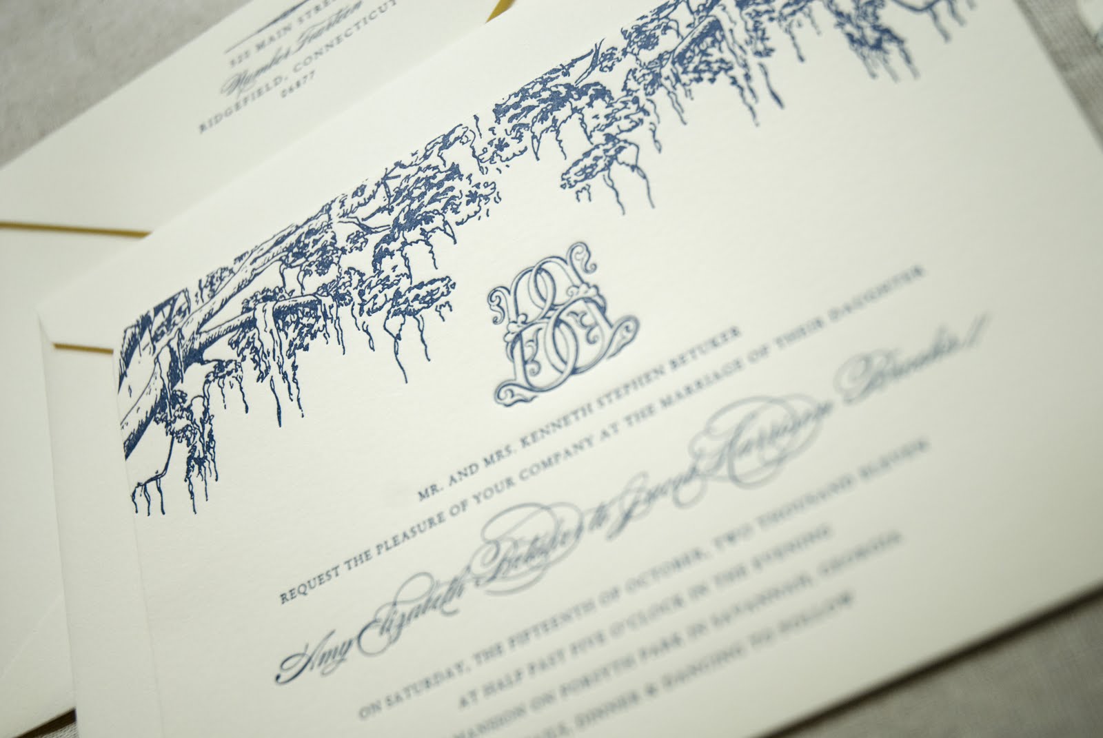 Spanish Moss Themed Wedding Invitation with Monogram